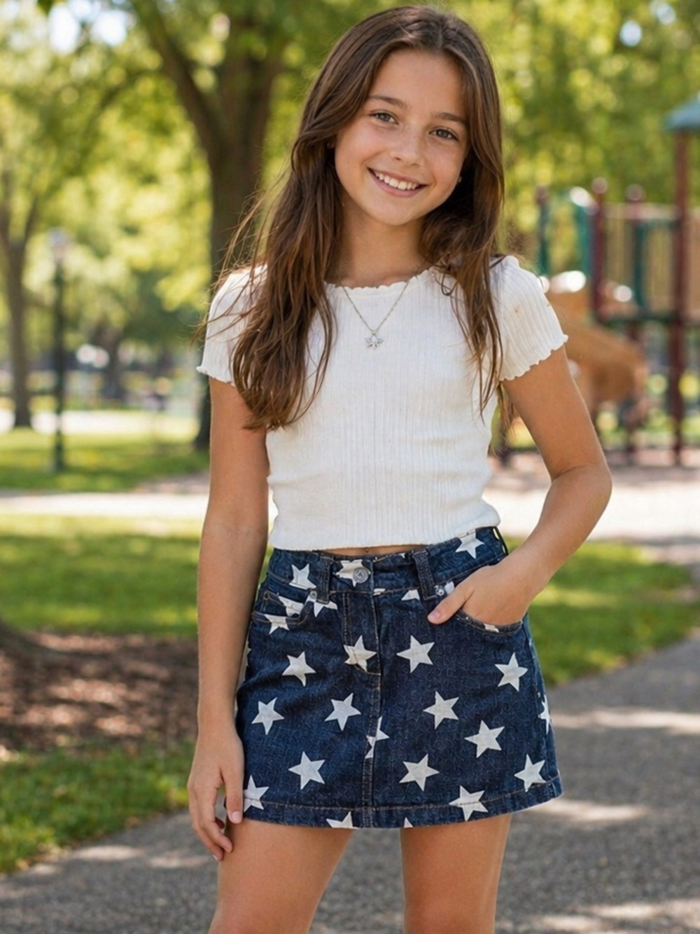 Mini Boden denim skirt size 7-8 patriotic star print heart pockets